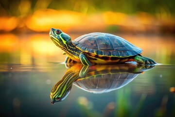 Obraz premium Minimalist lake scene: a peaceful turtle, its reflection in calm waters.
