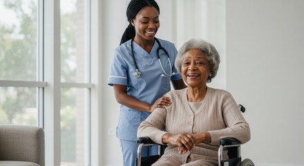 Joyful Senior Woman in Wheelchair with Caregiver