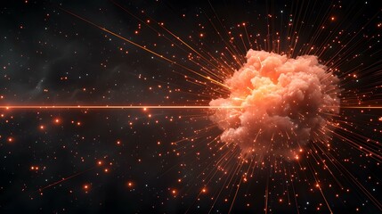 Fototapeta premium A vibrant explosion of orange and red energy bursts outward from a central cloud, streaked with glowing lines against a dark, star-studded background.