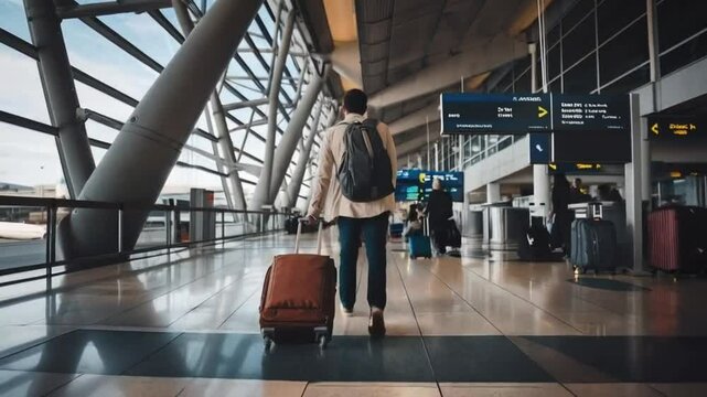  Traveler with a suitcase, walking through an airport terminal towards the exit sign, symbolizing the journey home