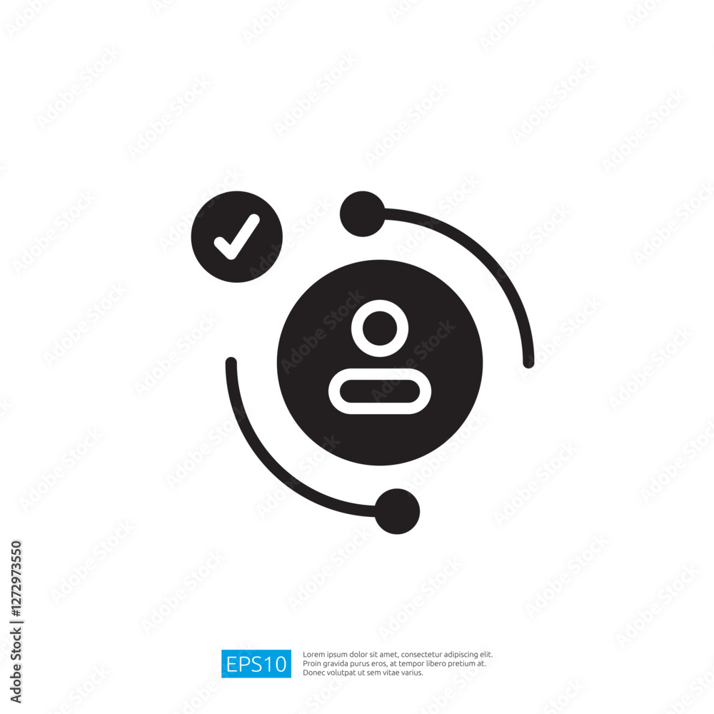 Poster minimalist icon representing user verification with checkmark and circular arrows in black color des