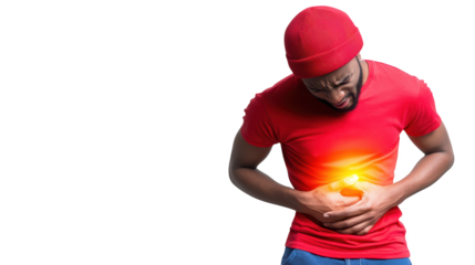 Man in red shirt holding stomach, a visual depiction of discomfort and potential health issues