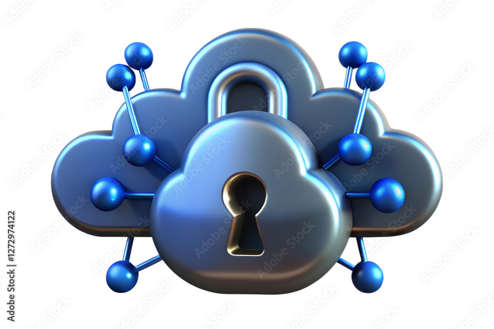 Poster secure cloud data protection 3d render of padlock icon in cloud computing network