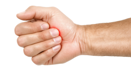 Detailed closeup of a man's hand with prominent red spot, visual examination of potential skin irritation