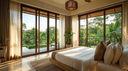 Fototapeta premium Serene Bedroom with Lush Tropical Views