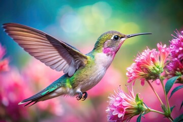 Obraz premium Pink flower blossoms embrace a hummingbird in a dreamlike double exposure, creating surreal nature art.
