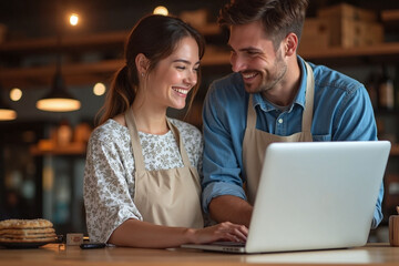 woman and man conversing in rustic bakery laptop