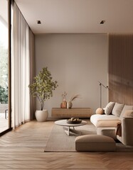 Modern villa living room design interior, beige furniture, bright walls, hardwood flooring, sofa, armchair with lamp. Concept of relax. 3d rendering