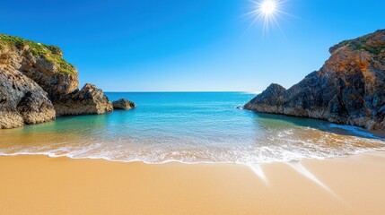 A pristine beach cove is bathed in bright sunlight