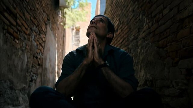 Man praying with hands clasped in the street and looking at the sky