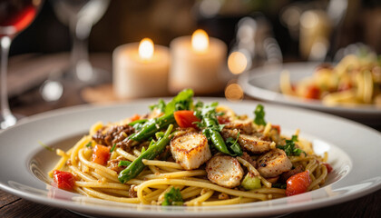 Delicious pasta dish with vegetables and candles in background