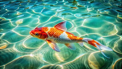 Serene minimalist koi pond: high-resolution image captures elegant fish and gentle waves.  Tranquility personified.