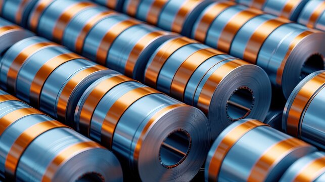 A close-up view of metallic cylindrical components with blue and orange stripes, arranged neatly in parallel, showcasing their industrial design and precision.
