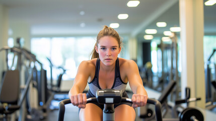 Fototapeta premium Young woman cycling on stationary bike in sleek gym