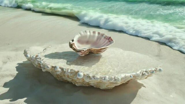 A pearl platform and podium with a pink oyster shell placed on white sand, reflecting the sparkle of water on the ocean floor