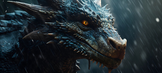 A detailed and realistic depiction of a dragon character standing in the pouring rain, ai generative