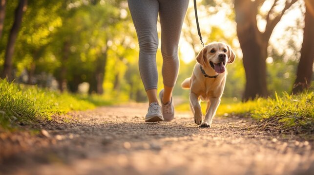A person taking a walk in the park with a dog, promoting heart health. Featuring cardiovascular wellness and exercise