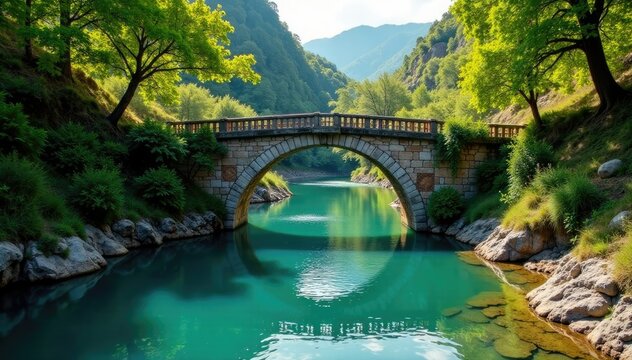 Puente de madera sobre un r?o que fluye a trav?s de una valle, madera, agua, puentes