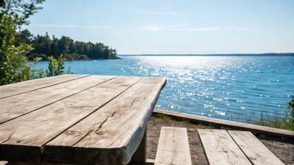 Fototapeta premium Serene Rustic Retreat: Wooden Table on a Deck Overlooking a Tranquil Blue Lake