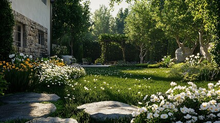 Obraz premium Sunlit garden with stone pathway, flowers, and trees near a house.