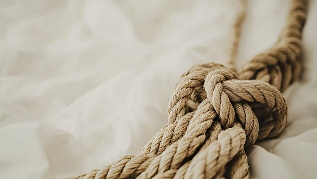 Beige rope knot on white bed sheets