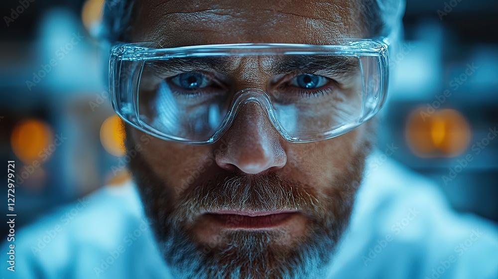 Poster laboratory technician conducting microscopic bacteriological analysis using reagents in a modern mic