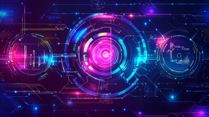 Obraz premium Cyber Tech background, with glowing interface panels and neon purple and blue color scheme