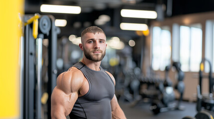 Naklejka premium Tense arms of muscular man showing power in gym