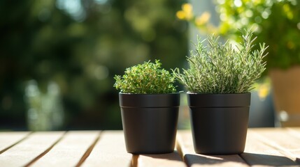 Two modern black plant pots with thyme and rosemary on an outdoor wooden deck, blurred background, natural lighting, editorial photography, professional product photograph