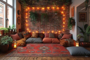 Fototapeta premium Cozy Indoor Living Space with Bohemian Rug, Brick Wall, String Lights