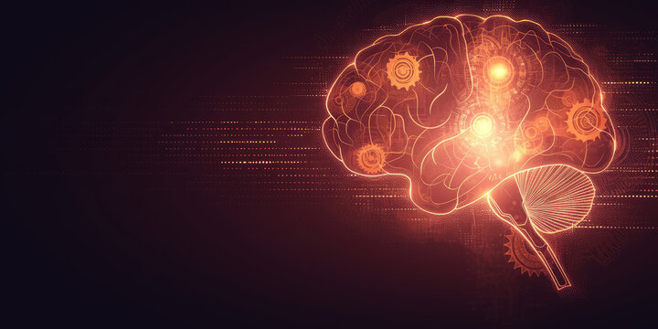 Abstract background with a glowing human brain filled with gears, symbolizing strategic thinking and motivation