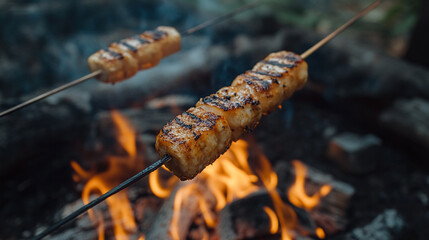 Grilling delicious skewers over an open fire in a serene forest at sunset