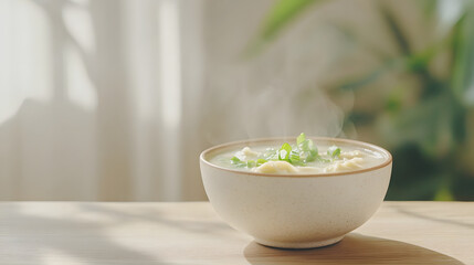 A Bowl of Cooked Wontons on a Wooden Table
