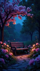 serene nighttime landscape with a glowing bench in a lush flower garden, peaceful ambiance, blossom