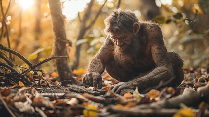 Ancient Homo floresiensis shaping stone tools amidst dense foliage on the forest floor showcasing their ingenuity under the soft sunlight streaming through the jungle canopy.