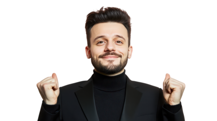 Confident businessman in suit and tie with hands raised in assertive posture