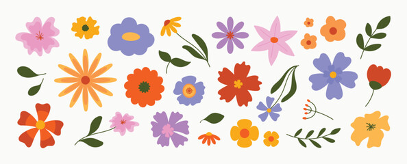 Collection of spring colorful flower elements vector. Set floral of wildflower, leaf branch, foliage on white background. Hand drawn blossom illustration for decor, easter, thanksgiving, clipart.