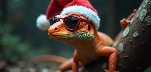 This festive gecko, donning a Santa hat and sunglasses, brings a playful twist to holiday themes, perfect for marketing materials or fun seasonal promotions.