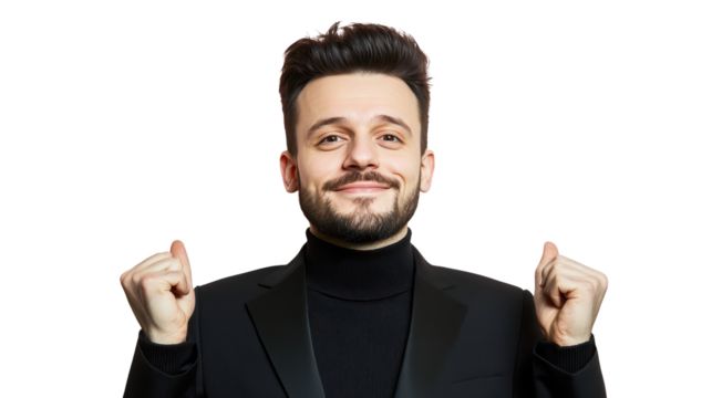 Confident businessman in suit and tie with hands raised in assertive posture
