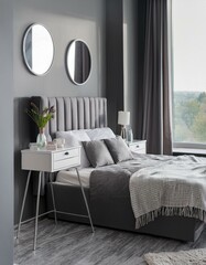 Gray panoramic bedroom with makeup table