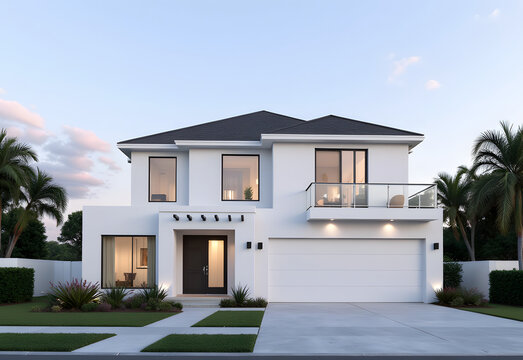 A large white house with a black roof and a black front door - Powered by Adobe