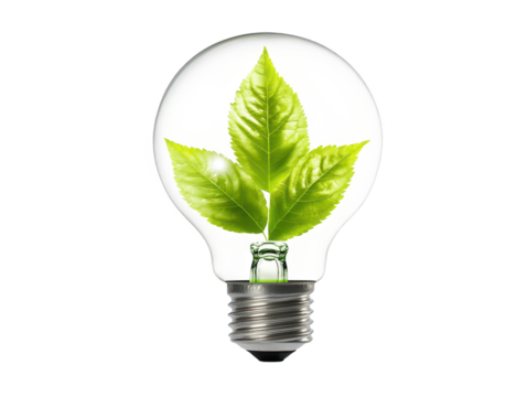 Ecofriendly innovation, glowing light bulb with embedded leaf symbolizing green energy and sustainable solutions