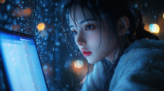 Fototapeta lofi anime girl is programming at a computer cozy dramatic lighting highly detailed incredible quality trending on artstation masterpiece 8k woman working on laptop wallpaper generative ai