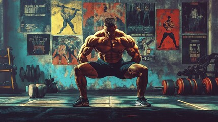 A bodybuilder performing weighted lunges in a gym with motivational posters in the background