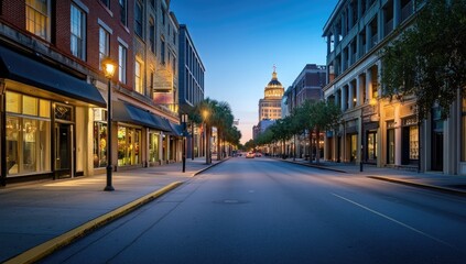 Fototapeta premium Empty city street, twilight, historic district, capitol building