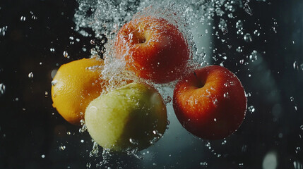 Fresh fruits with water splash for healthy lifestyle concept and commercial use