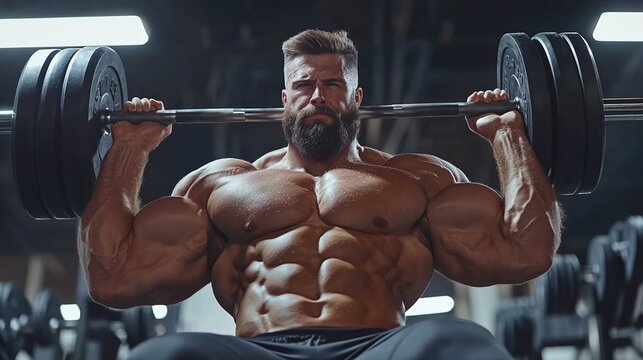 A muscular man demonstrating a perfect bench press lift with heavy weights in a gym