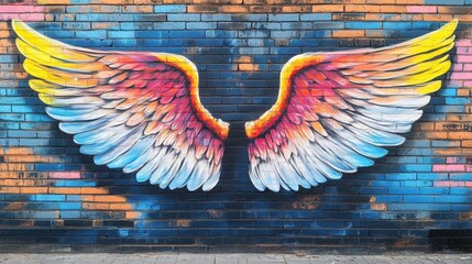 Vibrant mural of angel wings painted on a brick wall in an urban setting adds a sense of hope and inspiration during the afternoon