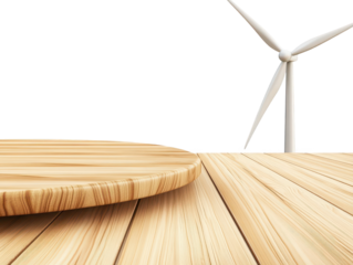 Wooden table showcasing miniature wind turbine, a symbol of renewable energy and sustainable innovation