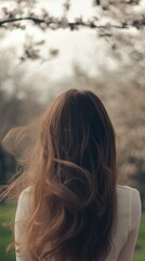 Woman with flowing hair stands in a park surrounded by blooming trees on a calm day in spring, enjoying the peaceful atmosphere of nature